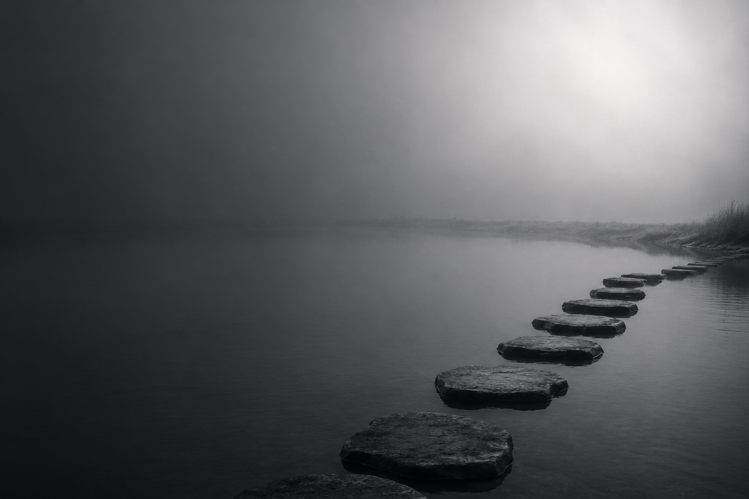 Stepping stones across still water toward a lone tree