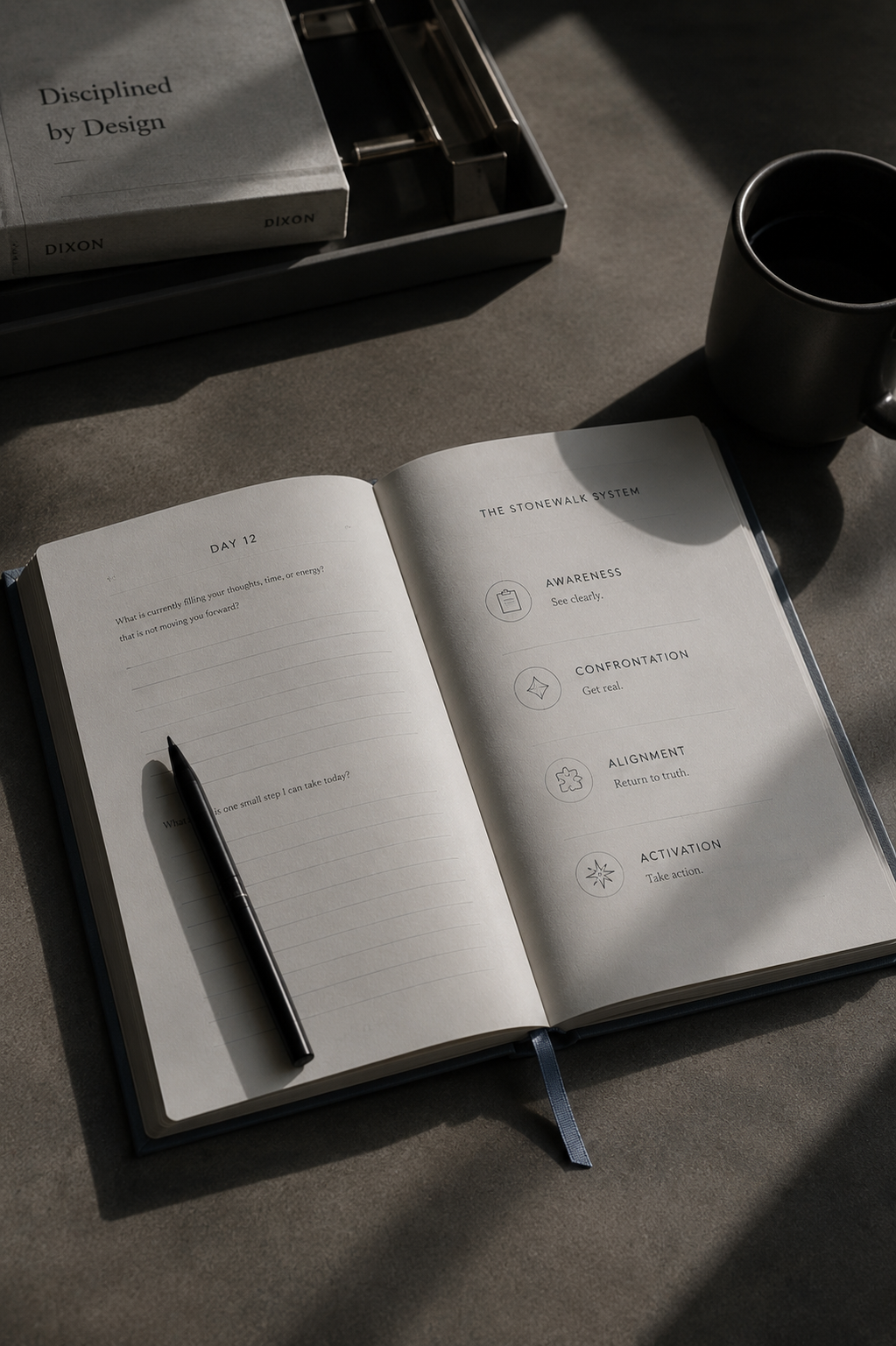 Journal open showing the Stonewalk system and phases